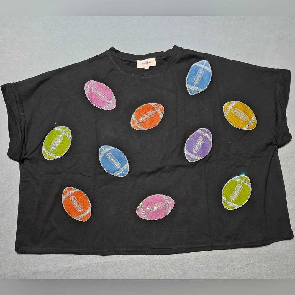 Peach Love Colorful Patch Football Oversized WomenTop New In Poly PTP 31 LARGE - Picture 2 of 7